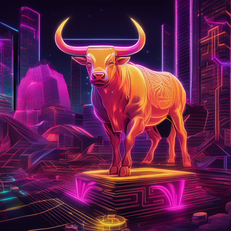 A dynamic, neon-infused digital landscape showcasing SingularityNET's AGIX token on a triumphant ascent, incorporating motifs of innovation and AI, created as a hand-drawn digital illustration in Artstation HQ style, embodying the excitement of the crypto bull run, digital art