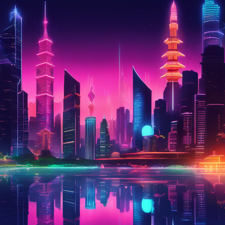 Futuristic skyline of Asian cities with dynamic digital cryptocurrencies symbols integrated, vibrant neon colors, showcasing Asia's lead in crypto adoption, hand-drawn digital illustration, trending on Artstation, digital art.