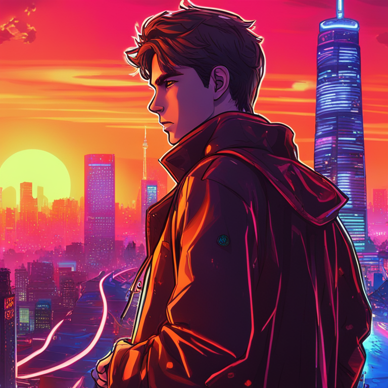 Dylan LeClair standing against the vibrant neon backdrop of Tokyo's skyline, the glow of Bitcoin symbols reflecting in his eyes, a metaphorical handshake between traditional corporate culture and the burgeoning digital currency realm, art by leading digital artists, trending on Artstation, symbolizing the dawn of a new era in finance, hand-drawn digital illustration, Artstation HQ, digital art.