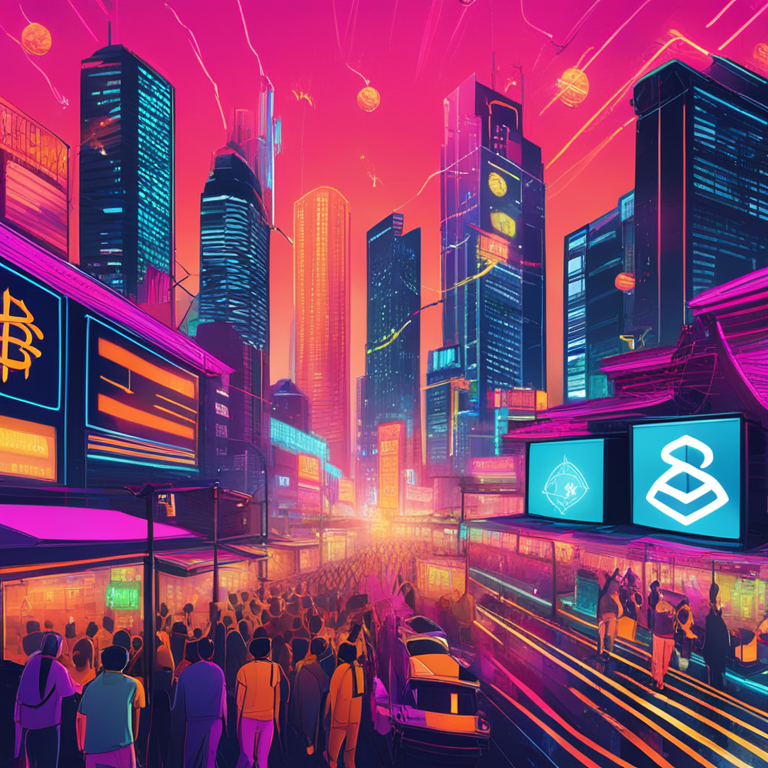 Illustration capturing the electrifying vibrancy of Asia's cryptocurrency market growth, featuring dynamic graphs and dollar signs soaring across futuristic Asian cityscapes, in a hand-drawn digital illustration, rich in vibrant colors and bold neon accents, trending on Artstation, digital art.