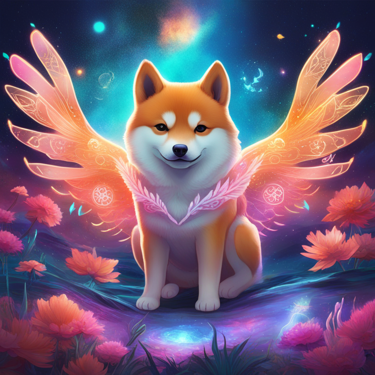 A mysterious digital realm awakens, with cryptic symbols and whimsical, vibrant creatures taking flight, heralding evolution within the Shiba Inu cosmos, a hand-drawn digital masterpiece trending on Artstation, embodying abstract and surreal vibes under a mystical glow.