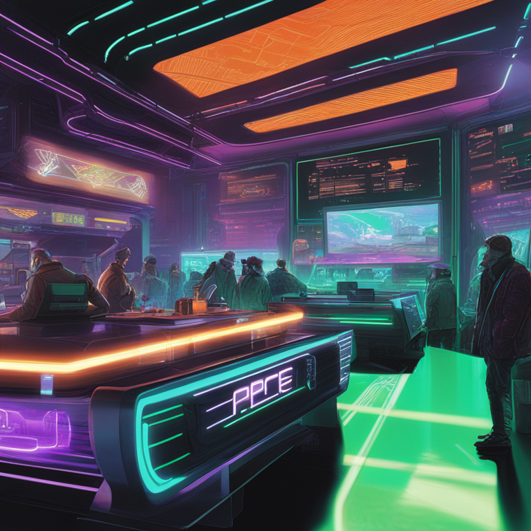 A bustling digital marketplace, encapsulating the frenetic energy of PEPE Coin's trading scene, with neon-infused charts soaring and dipping against the backdrop of a cyberspace market, art by futuristic visionaries akin to Syd Mead, digital illustration, trending on Artstation, high-speed trading visualized in vibrant, kinetic artistry