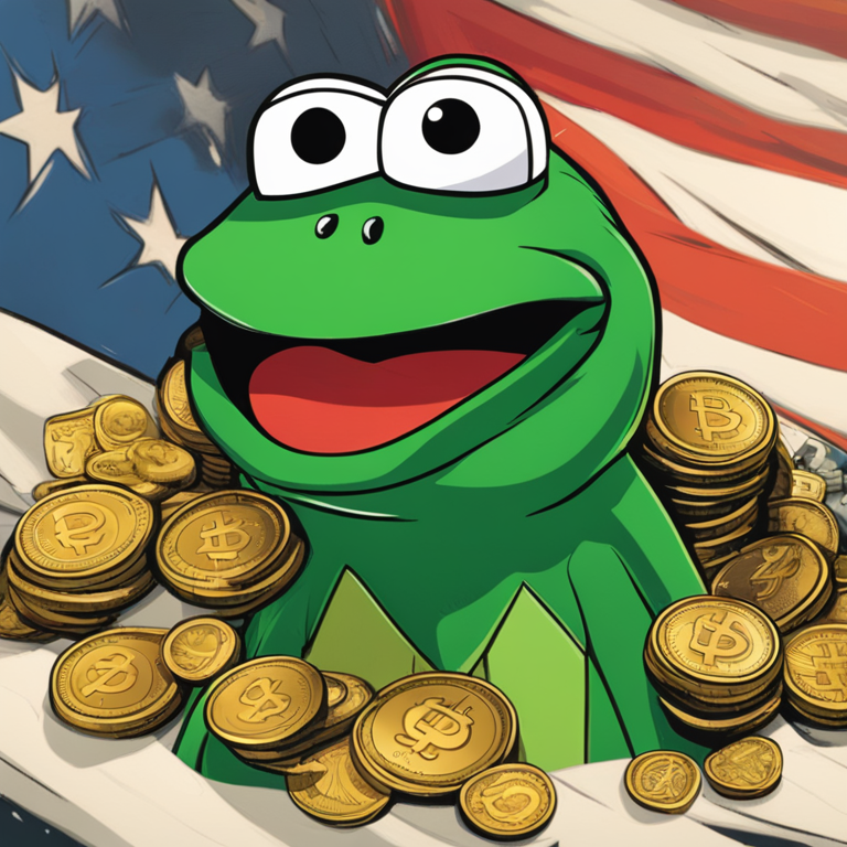 A triumphant Pepe the Frog atop a fluctuating chart, cape fluttering as digital coins rain down, embodying the potential of PEPE Coin to rise above market volatility, a fusion of superhero motifs with cryptocurrency aesthetics, vibrant digital art, celebrating community and resilience in the face of fluctuation, art inspired by comic book legends and digital innovators, trending on Artstation, dynamic, colorful celebration of meme coin culture