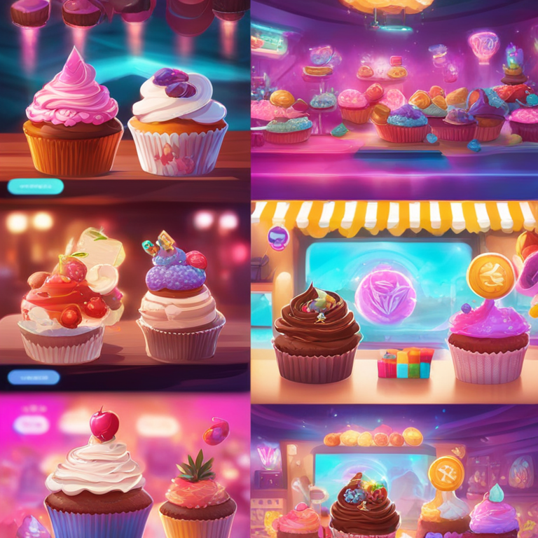 Vibrant scenes from the Cupcake gaming app, showcasing animated characters engaging in various mini-games, with a backdrop of dazzling, Solana-inspired digital art, capturing the essence of crypto culture, trending on Artstation, seamless integration of digital rewards, detailed and colorful, digital illustration by contemporary artists