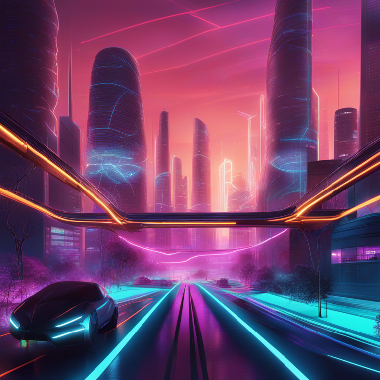 Futuristic collaboration between MVL and PowerPod, showcasing electrified cities connected by decentralized networks, digital art piece highlighted by neon accents and innovative energy solutions, capturing the essence of technological advancement and sustainable mobility, art by renowned digital artists of Artstation HQ, trending in futuristic urban landscapes, hand-drawn digital illustration.