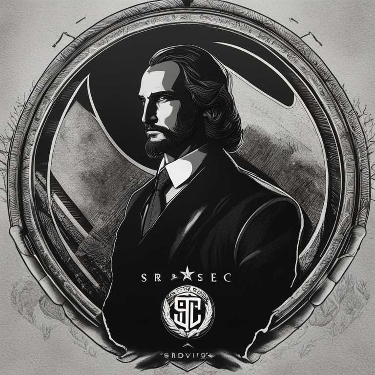 Dramatically lit portrait of Vlad Tenev, resolve etched on his face, behind him a shadowy figure of the SEC emblem, hand-drawn digital illustration, a mixture of determination and tension, trending on Artstation, detailed, emotive, cinematic lighting