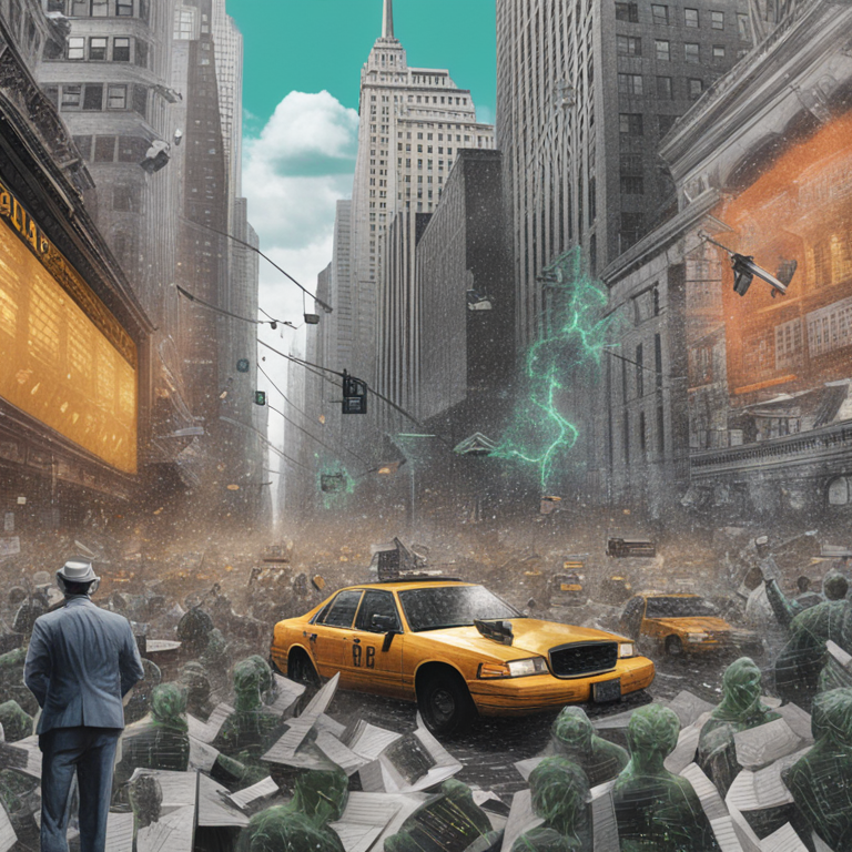 A conceptual collage, juxtaposing the frenetic energy of Wall Street with the serene precision of digital platforms, capturing the tension between regulation and innovation, hand-drawn digital illustration, Artstation HQ, a visual metaphor for the Robinhood saga, detailed, contrasting themes of chaos and order