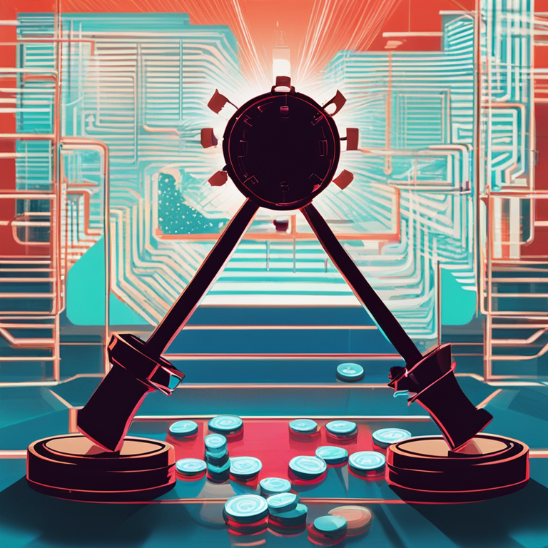 Abstract representation of the clash between technology and regulation, with innovative digital currencies and traditional legal gavels locked in a silhouette battle, symbolizing the ongoing struggle for clarity and progress in the fintech space, hand-drawn digital illustration, Artstation HQ, dramatic contrast, metaphorical, vibrant colors