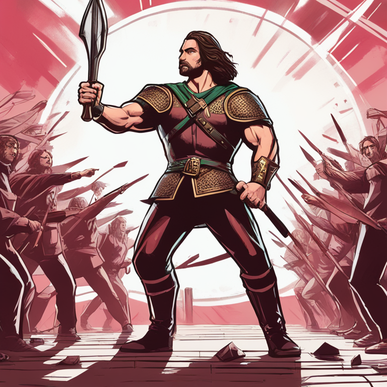 Illustration capturing the essence of Robinhood's struggle against the SEC, featuring Vlad Tenev standing boldly as a modern-day David against a Goliath-like SEC, a symbolic representation of the fight for fintech innovation vs. regulatory oversight, hand-drawn digital art, Artstation HQ, detailed, dynamic poses, underdog spirit, cinematic lighting