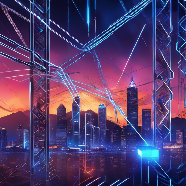 An abstract digital representation of RD Technologies and Chainlink's partnership, featuring interwoven neon blue and silver chains over a glowing Hong Kong skyline at sunset, hand-drawn digital illustration, art-inspired by futuristic city landscapes, trending on Artstation, digital art