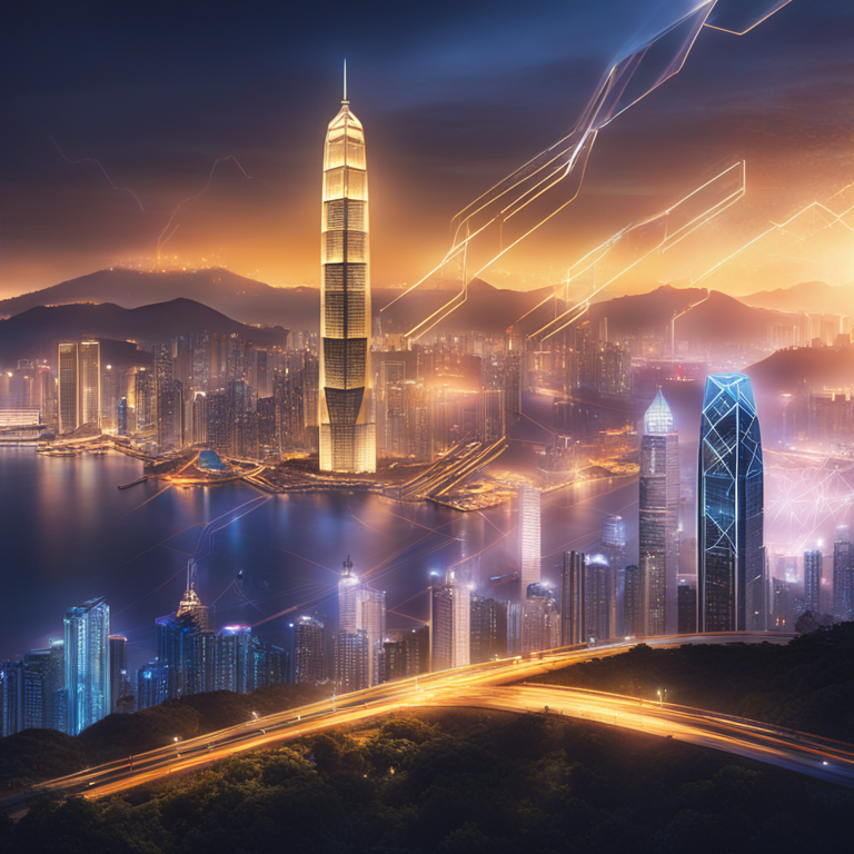 A visionary depiction of RD Technologies and Chainlink's union against the Hong Kong skyline, echoing the pulse of digital finance. The image captures the electric essence of innovation - a blend of golden hues and electric blues enveloping the city, art by Artstation HQ, a beacon of futuristic finance, trending digital masterpiece