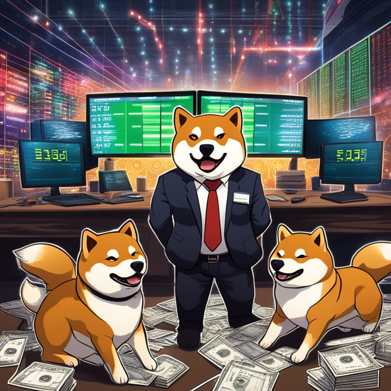 An imaginative portrayal of Shiba Inu (SHIB) tokens amidst a dramatic stock market scene, featuring exuberant Shiba Inus in business attire analyzing charts and graphs, with a mixture of concern and optimism, digital artistry at its peak reminiscent of ArtStation HQ's vibrant and engaging storytelling, capturing the volatile essence of cryptocurrency markets.