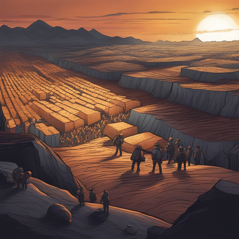 A visual metaphor for the latest Bitcoin mining downturn, depicting a virtual landscape filled with miners facing a dimly lit horizon, symbolizing the challenge ahead, art by digital maestros from Artstation HQ, hand-drawn digital illustration, evoking a sense of persistence amidst adversity.