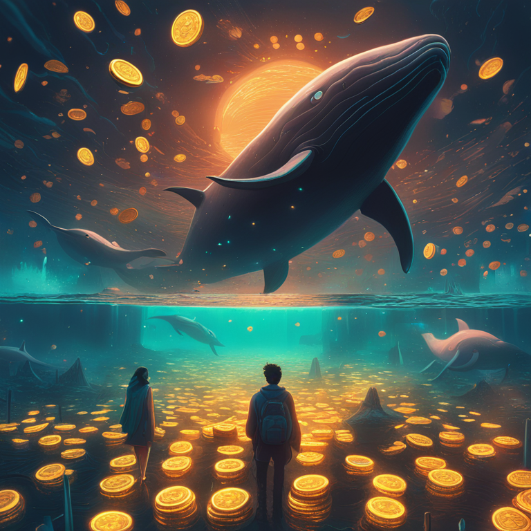 A digital landscape awash with the glow of bitcoin, where gigantic whales gracefully navigate through a sea of glowing coins, representing the strategic acquisitions of cryptocurrency elites during market dips, a hand-drawn digital illustration, trending on Artstation HQ, capturing the cunning maneuvers in the financial depths, art by Beeple, vibrant, futuristic digital art scene.