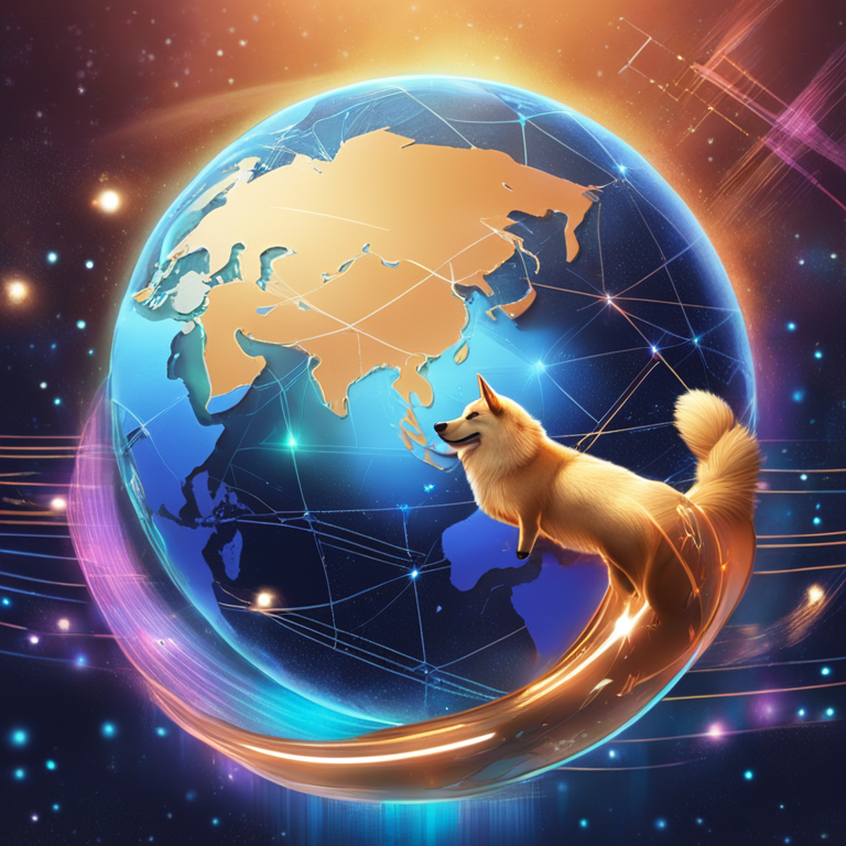 The synergy between PayPal and Shiba Inu as a monumental leap towards the futuristic vision of cryptocurrency, symbolized by a digital handshake enveloping the globe against a cosmic backdrop, hand-drawn digital illustration, Artstation HQ, digital art