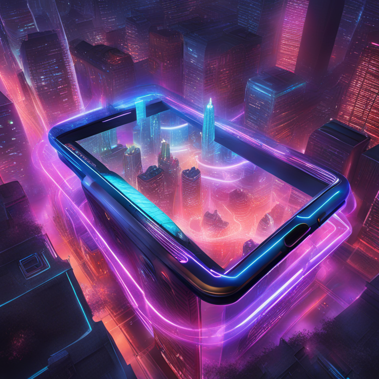 A groundbreaking alliance illustration, featuring a vortex of digital and traditional phone technology emerging from a cityscape, converging into a neon-lit gateway, symbolizing the collaboration between APhone and Magic Eden, art by cutting-edge digital artists, trending on Artstation, digital art.