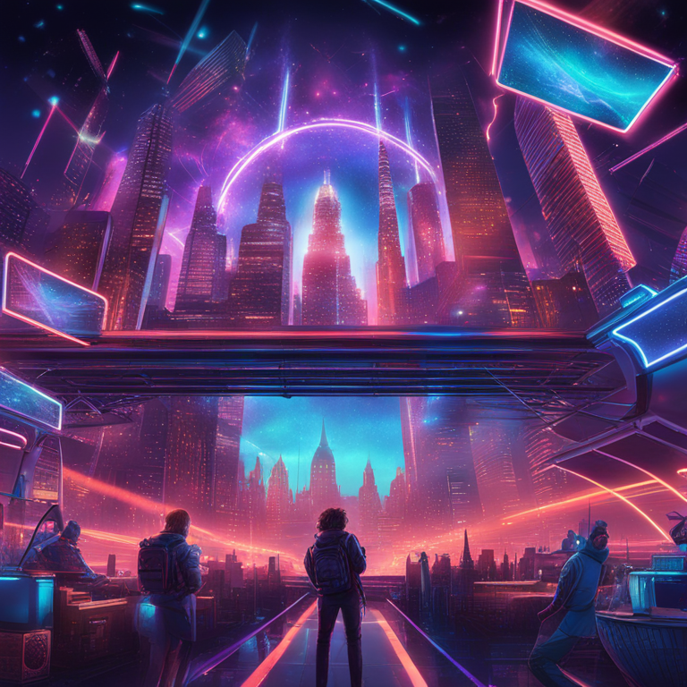 Dynamic digital fusion, featuring APhone's cloud-based innovation and Magic Eden's marketplace dominance, artistically represented as a cosmic explosion of creativity and decentralization, under the glow of a neon skyline, inspired by top trending digital art on Artstation, hand-drawn digital illustration.