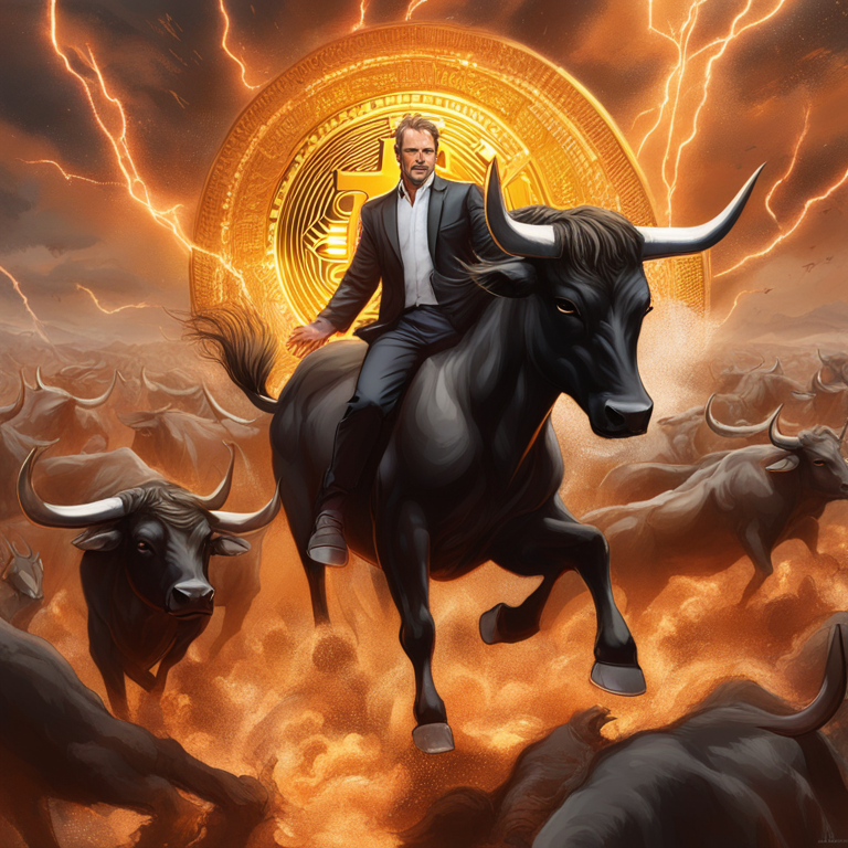 Michael Saylor in a commanding pose, with a digital storm of Bitcoin and bulls swirling around, a visual metaphor of his bullish stance in the volatile cryptocurrency market, vibrant, detailed, energy-packed digital art masterpiece, trending on Artstation