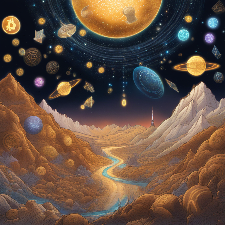 Bitcoin and Ethereum depicted as luminous celestial bodies, leading a vivid procession of altcoins across a dark, star-filled sky, a hand-drawn digital landscape highlighting the celestial beauty of the cryptocurrency market, trending on Artstation, a piece that captures the essence of the financial cosmos, by visionary artist CryptoArtNet.