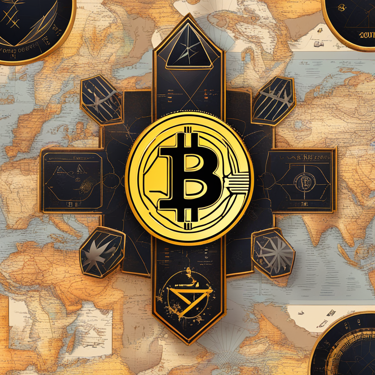 A bright, engaging digital collage blending modern cryptocurrency symbols like Bitcoin, Ethereum with classical elements of treasure maps and navigational tools, set against a backdrop of fluctuating market graphs, conceptual art that is popular on Artstation, reflecting the adventurous spirit of digital finance exploration.