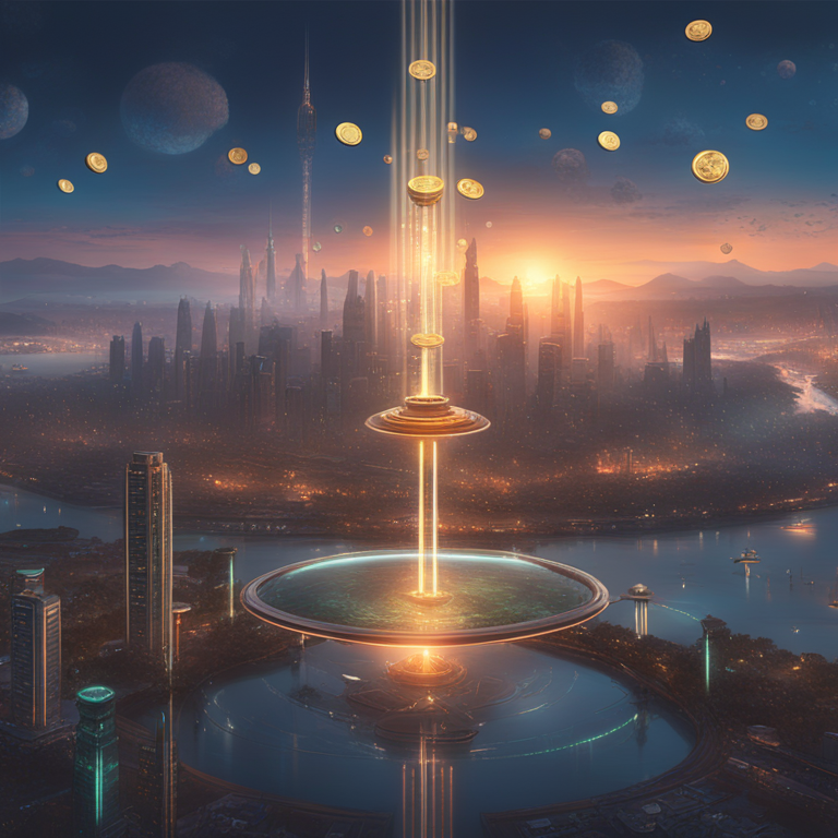 Futuristic digital city skyline at dusk, with symbolic coins of Render and Hedera cryptocurrencies floating against the backdrop, glowing with growth potential, a vivid digital art piece inspired by Artstation trends, created in the style of Peter Mohrbacher and Donato Giancola, embodying the spirit of innovation and digital wealth.