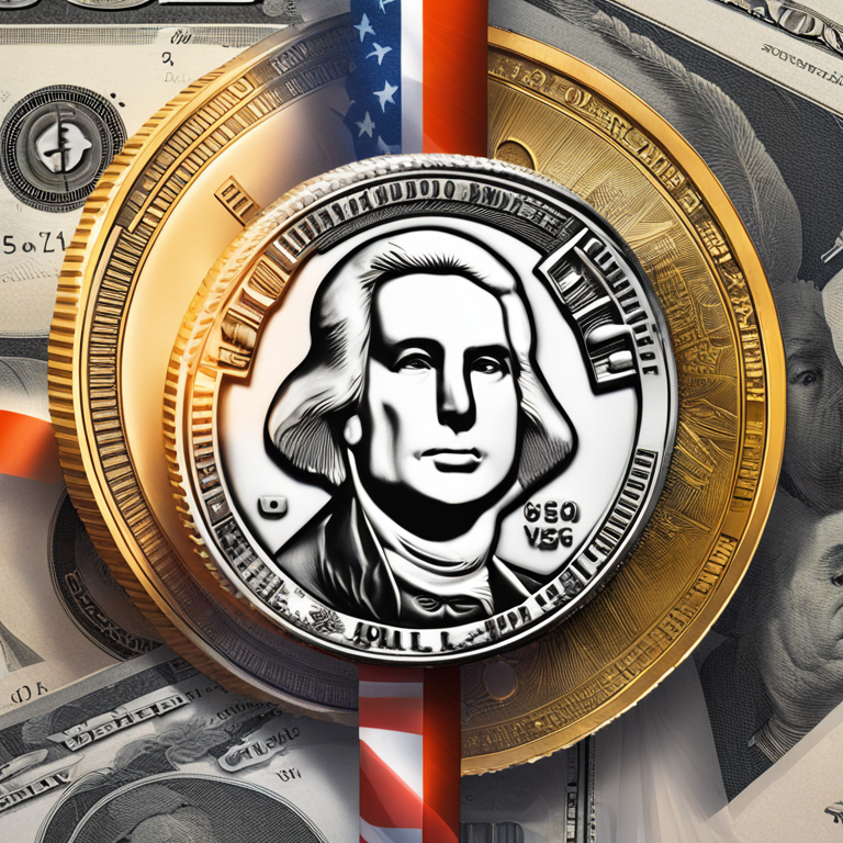 A flashy digital collage showcasing a mix of U.S. currency with Bitcoin symbols under a spotlight, indicating potential economic shifts, art by innovative creators, trending on Artstation, sharp contrasts, dynamic, symbolizing the fusion of traditional economy and digital assets.