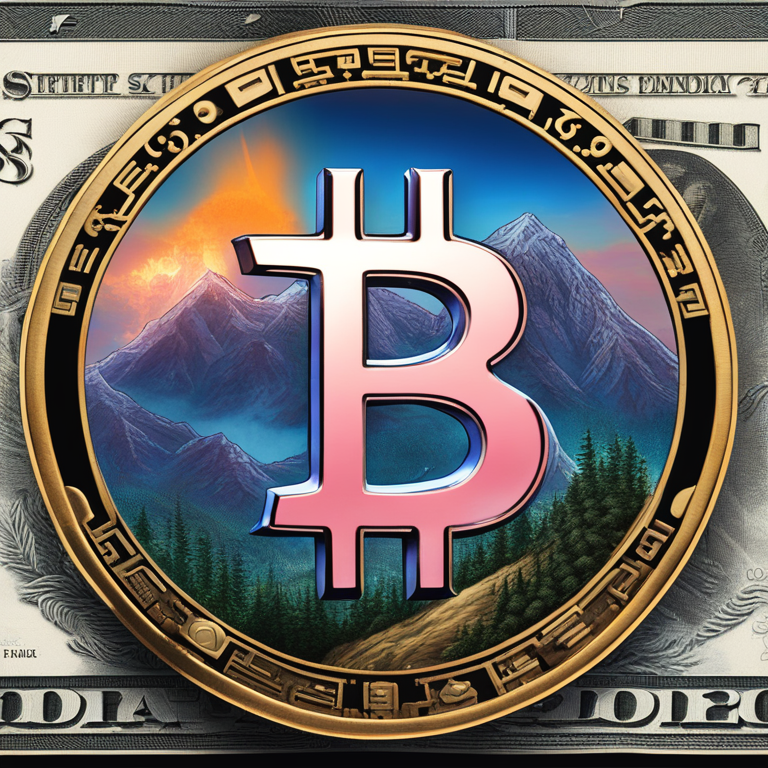 An imaginative depiction of the Bitcoin symbol as a beacon atop a mountain of traditional U.S. currency, illustrating the triumph of digital assets over conventional financial systems, art by visionary artists, trendsetting on Artstation, high-resolution, captivating contrasts, embodying the shift toward a digital financial era.