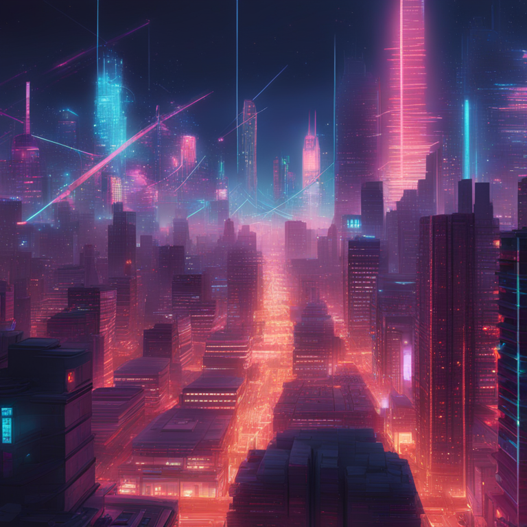 futuristic cityscape illuminated by neon AI nodes, conceptualizing Stanley Druckenmiller's nuanced views on AI investment, with intricate data streams and vibrant digital art by Josan Gonzalez and Beeple, trending on Artstation, encapsulating the dynamic between skepticism and optimism in AI's future, art for thought-provoking investment discourse, night scene buzzing with potential and caution