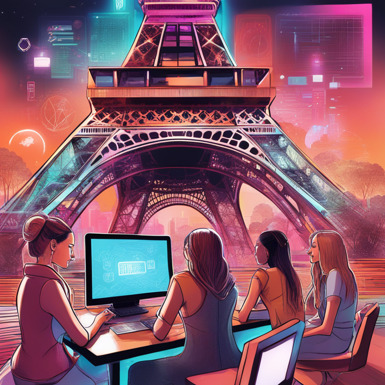 A vibrant, empowering scene of diverse women from around the globe, united under the glimmering Eiffel Tower, engaging with futuristic tech gadgets and interfaces, illustrating the dynamic world of Web3 and blockchain technology, hand-drawn digital illustration, Artstation HQ, digital art, embodying the spirit of the Women in Tech 2024 Global Summit, Paris.