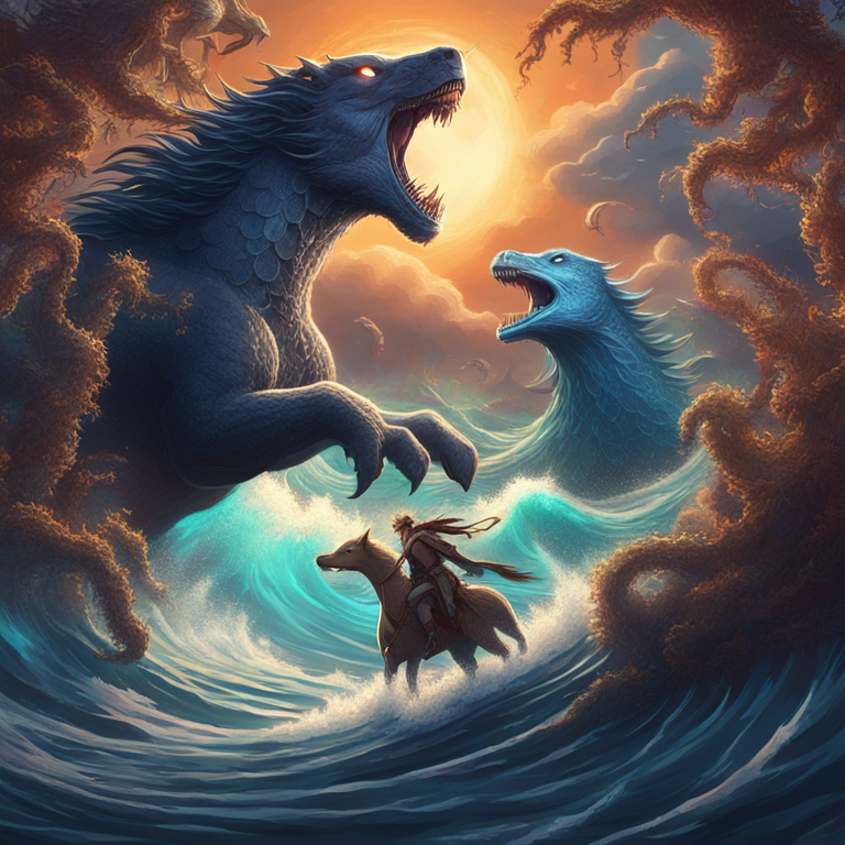 A whimsical digital illustration capturing Bitcoin and Ethereum as mythical creatures engaged in an epic battle, with Bitcoin riding a wave of glowing code upwards and Ethereum entangled in thorny vines, hinting at its struggle, rendered in breathtaking detail worthy of Artstation HQ, digital art.