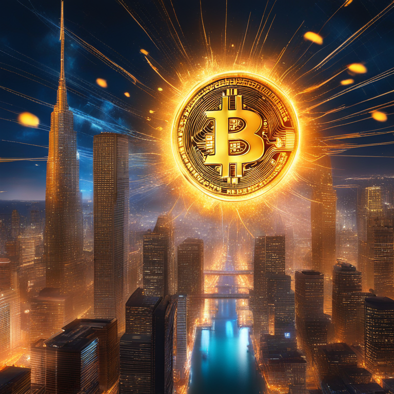 A vivid, digital canvas explodes with golden Bitcoin symbols showering like meteors over a futuristic city skyline, signifying the predicted meteoric rise in value, a masterpiece in digital artistry, trending on Artstation, symbolizes a new era of prosperity in the cryptocurrency universe, by top digital artists, digital illustration