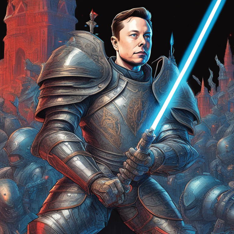 Elon Musk in digital knight armor, fighting off a horde of bot-monsters with a laser sword, amidst a crumbling digital Twitter castle, art by Alex Grey and James Jean, hand-drawn digital illustration, Artstation HQ, digital art, visual metaphor for the battle against crypto scams and bots, trending in tech and digital culture circles.