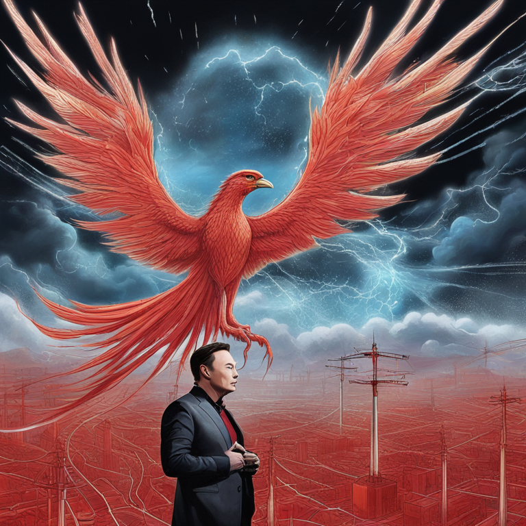 Elon Musk standing at the crossroads of innovation and controversy, with stormy clouds depicting Tesla and SpaceX challenges looming over a digital Twitter bird transformed into a phoenix, hinting at potential rebirth or further descent into chaos, art by Yoshitaka Amano and Banksy, conceptual digital painting, a vivid depiction of Musk's critical juncture in tech and social media spheres.