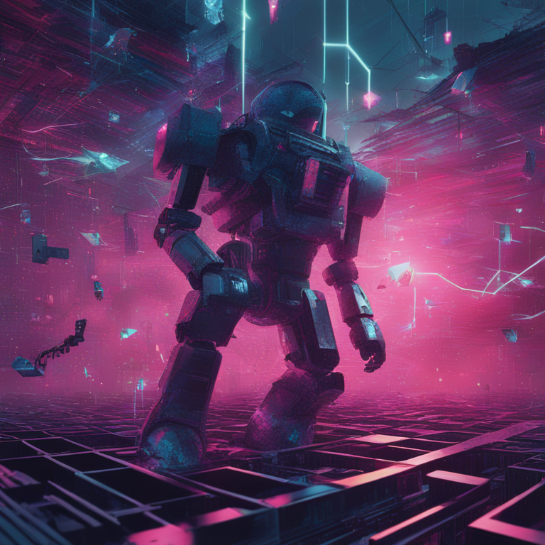 A complex digital web representing Elon Musk’s battle against bots and crypto scams on the X platform, interwoven with financial numbers dropping like pixels in a glitch art piece, symbolizing the plummeting revenue and soaring operational costs, art by Beeple and KAWS, mixed media digital illustration, trending in financial and digital art circles.