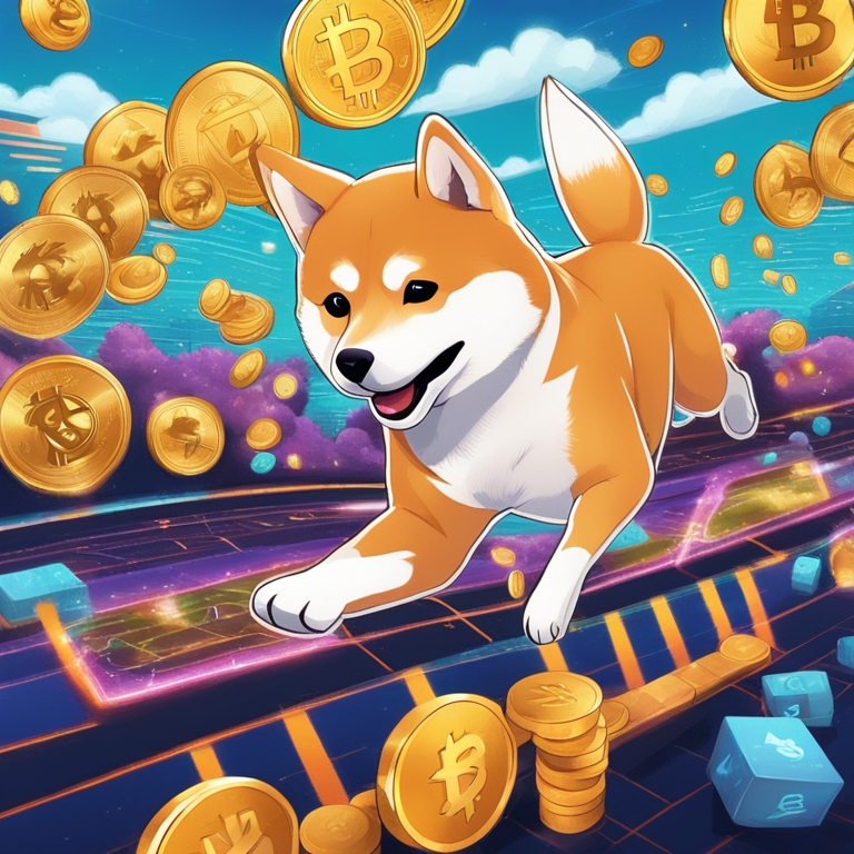 A playful Shiba Inu dog leaps through a vibrant digital landscape of cryptocurrencies and financial symbols, symbolizing the dynamic partnership between Nexo and Shiba Inu, art by top digital illustrators, high-definition, rich in color and digital artistry, trending on Artstation, capturing the essence of meme culture colliding with serious finance, digital illustration