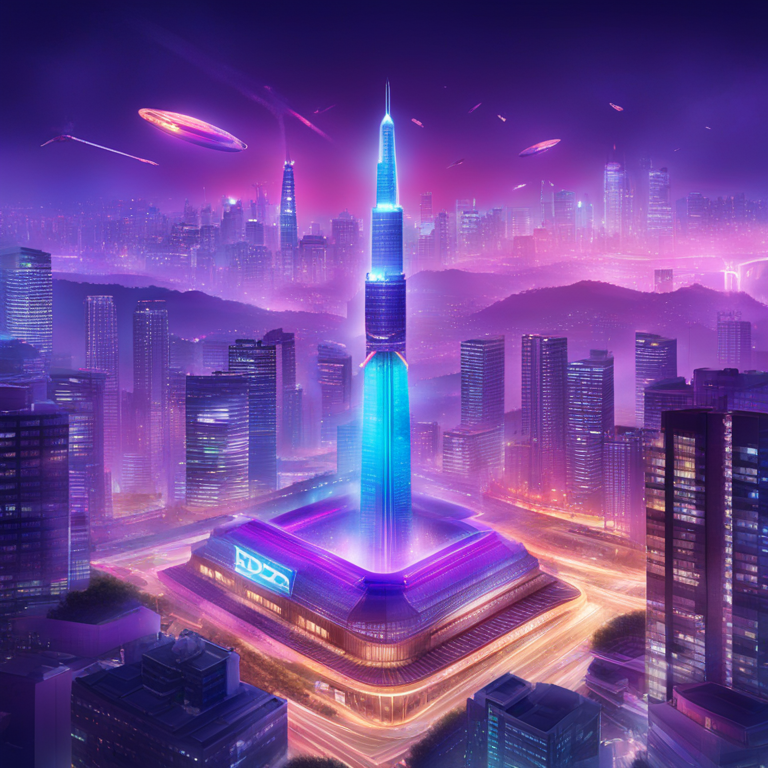 A high-energy digital illustration capturing the essence of NEAR and AIOZ's launch in South Korea, featuring dynamic, digital coins soaring across a futuristic Seoul skyline, with traditional Korean architectural elements juxtaposed with shimmering, modern skyscrapers, art by top digital artists from Artstation, infused with electric blues and radiant purples, capturing the excitement and innovation of cryptocurrency in South Korea.