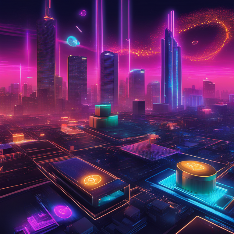 A vibrant, digital cityscape under a neon-lit sky, symbols of cryptocurrency coins illuminating the dark, representing Arbitrum's ambitious surge, hand-drawn digital illustration, trending on ArtStation, encapsulating the aesthetic of future finance, by top digital artists