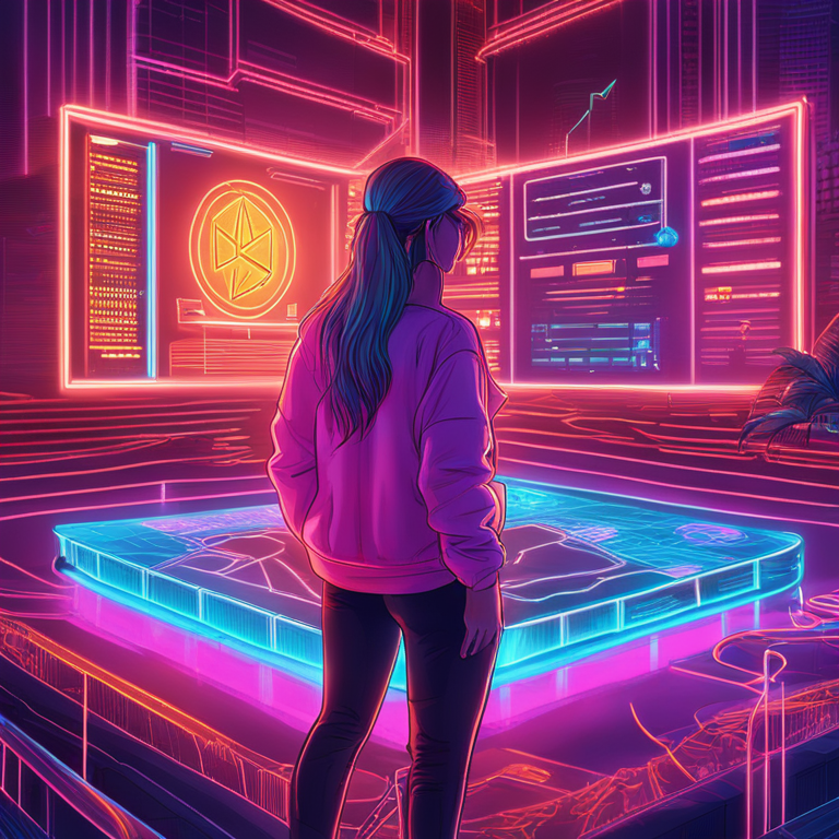 Cryptocurrency's essence captured in a neon embrace, reflecting Arbitrum's vibrant leap towards growth, encapsulated in a hand-drawn digital illustration, mirroring the futuristic finance landscape, trending on ArtStation HQ, art by digital maestros of cryptoverse visualization.