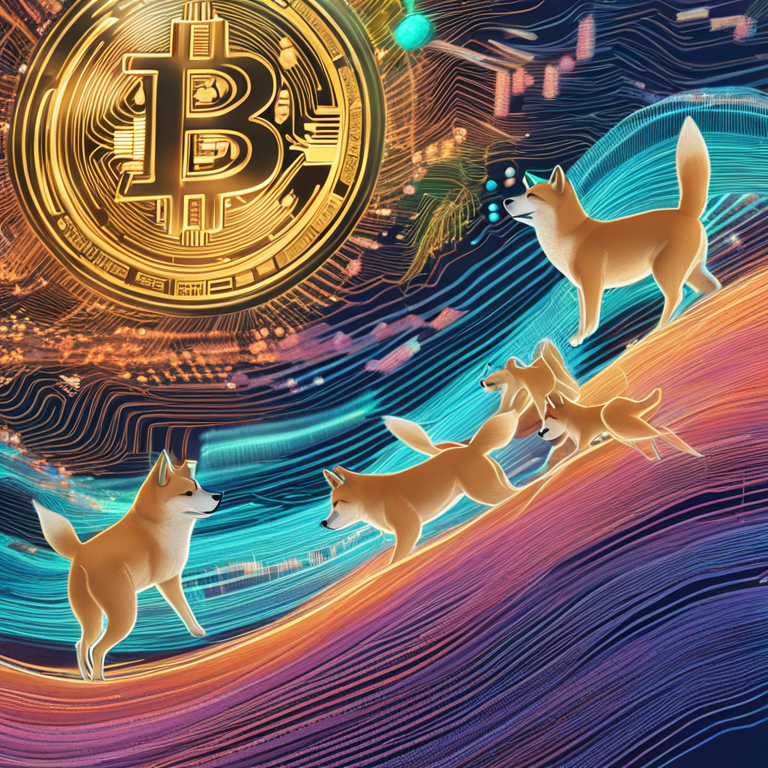 an intricate, motion-filled digital visualization of Shiba Inu (SHIB) tokens caught in a vibrant whirl of market fluctuations, highlighting the dynamic and unpredictable nature of cryptocurrency trends, art by Kelsey Brookes, encapsulating the essence of meme coin volatility with a touch of speculative intrigue, digital art, trending on Artstation HQ, hand-drawn digital illustration