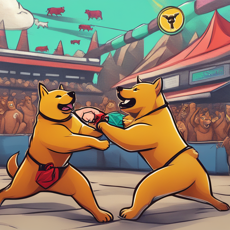 an animated graph showing Dogecoin’s fluctuating market value with caricatured representations of bulls and bears in a tug of war, digital drawing, vivid colors, encapsulating the volatile nature of cryptocurrency markets, art by renowned digital artists, trending on Artstation, hand-painted style with a humorous touch