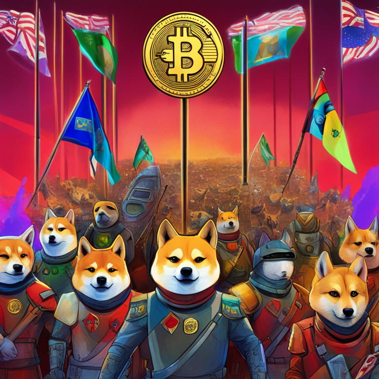 a whimsical portrayal of Dogecoin's community, rallying behind the meme coin with flags and digital armor, an abstract digital collage, Artstation HQ, digital art, capturing the vibrant spirit and unity of Dogecoin holders against a backdrop of a futuristic financial battlefield, a testament to the power of community in the unpredictable cryptocurrency saga