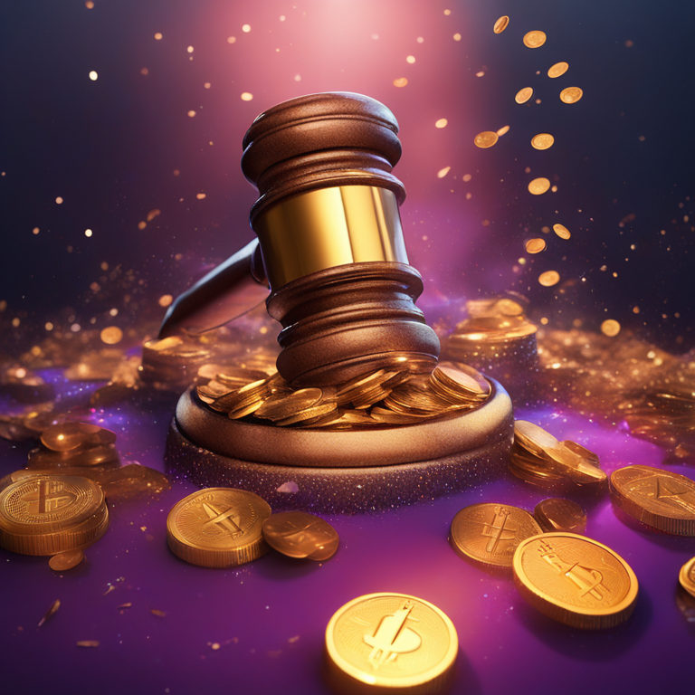 The gavel of justice striking down amidst a scatter of Ethereum coins, symbolizing the pivotal role of legal rulings in the future of cryptocurrency ETFs, dynamic colors, art by Crypto Creatives, digital illustration, popular on Artstation, blending the worlds of law and digital finance.