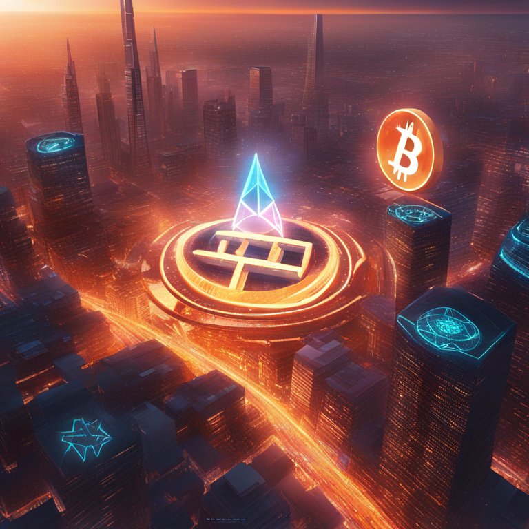 A futuristic, digital art depiction of Bitcoin and Ethereum symbols as giant, luminous entities over a digital cityscape, representing their monumental influence on the financial landscape, art emanating vibes of revolution and dominance, envisioned by top artists on Artstation, encapsulating the essence of change and technological progress in a vibrant, dynamic composition.