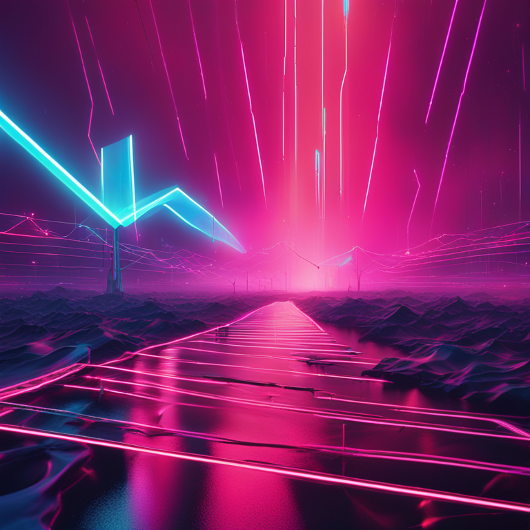 a dazzling visualization of Ripple (XRP)’s upward journey in the crypto market, featuring electrifying arrows piercing through barriers amidst a stormy financial sky, conceptualized in vibrant neon colors with hints of nostalgia from the 80s, as seen on platforms similar to Artstation, capturing the essence of innovation and resilience, digital art by artists in the vein of Beeple