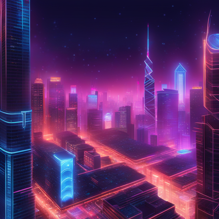 A vibrant cityscape at night pulsating with neon-lights, showcasing rising digital coins amidst futuristic skyscrapers, symbolizing the bullish trends of Near Protocol and Render Network, a captivating hand-drawn digital illustration, trending on Artstation, Art by Artstation HQ