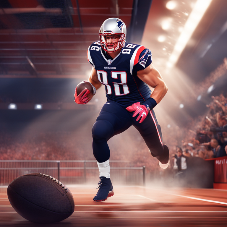 Rob Gronkowski in dynamic action, transitioning from NFL celebrity to crypto contender, capturing the essence of a sports icon facing legal challenges with a determined stance, set against the backdrop of a courtroom turning into a digital realm, vibrant digital art, trending on Artstation HQ.