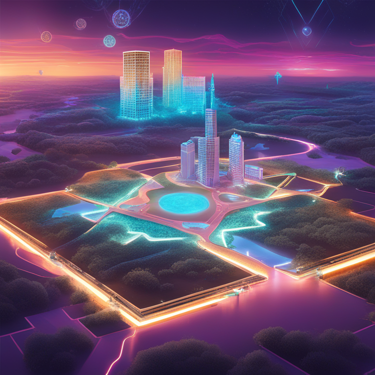 A vibrant digital illustration of Oklahoma’s landscape transforming into a futuristic hub for blockchain, featuring iconic landmarks intertwined with glowing digital currency symbols, art by leading digital artists from ArtStation, symbolizing Oklahoma's embrace of cutting-edge technology.