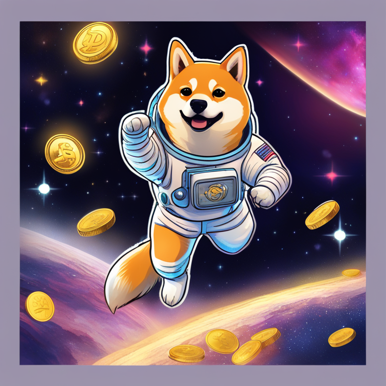 A vibrant digital illustration capturing Dogecoin's ambitious journey towards the $0.20 mark, featuring a cartoon Shiba Inu astronaut leaping towards a coin against the backdrop of a starry space, symbolizing the meme coin's potential surge, trending artwork on Artstation, reflecting the optimistic spirit of the cryptocurrency community, digital art masterpiece.