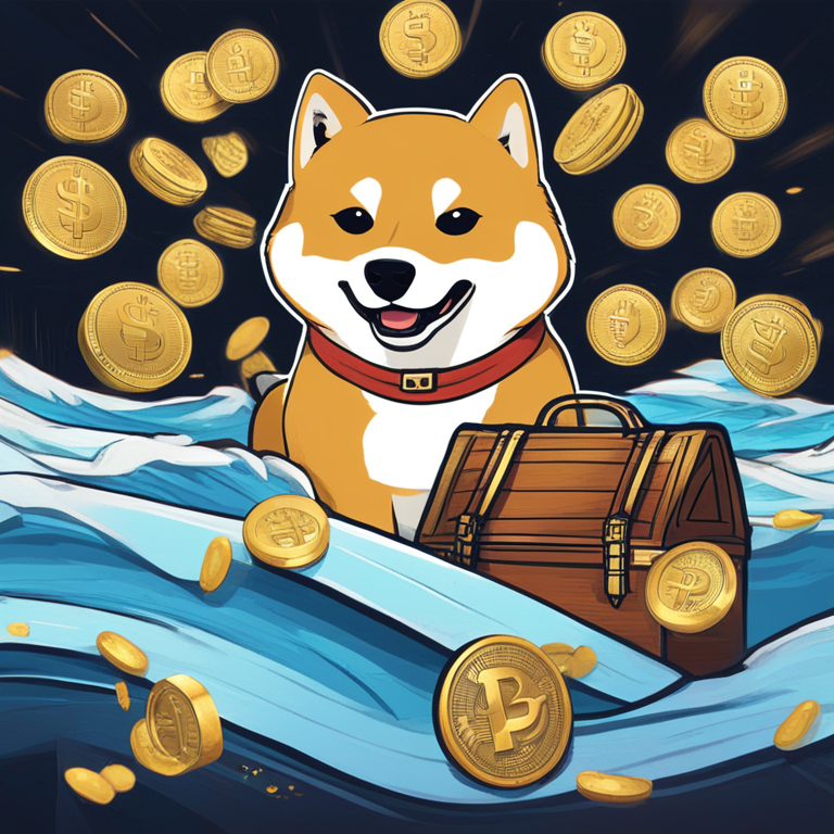 An animated journey through Dogecoin's rise, capturing the essence of investor optimism and blockchain dynamics, featuring a stylized Shiba Inu navigating through waves of market fluctuation towards a treasure chest marked $0.20, digital art, blending meme culture with financial aspiration, found on Artstation, a celebration of cryptocurrency's unique blend of humor and economic potential, digital illustration.