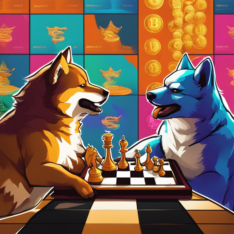 A dynamic digital art piece showcasing a fierce battle between Bitcoin and Dogecoin characters over a chessboard representing the $65,000 and $0.17 price marks, with Ethereum flags waving in the background suggesting allied forces, art by Satoshi Nakamoto meets Michelangelo, digital illustration, rich in symbolism and vibrant colors, captivating detail capturing the essence of cryptocurrency's competitive nature, trending on Artstation, digital masterpiece.